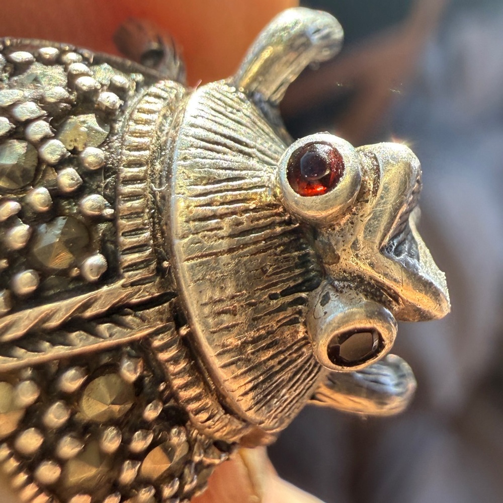 Vintage Sterling Silver, Mother of Pearl, Marcasite Beetle Brooch, Garnet eyes.